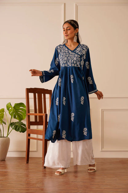 Graceful Navy Blue Rayon Angrakha