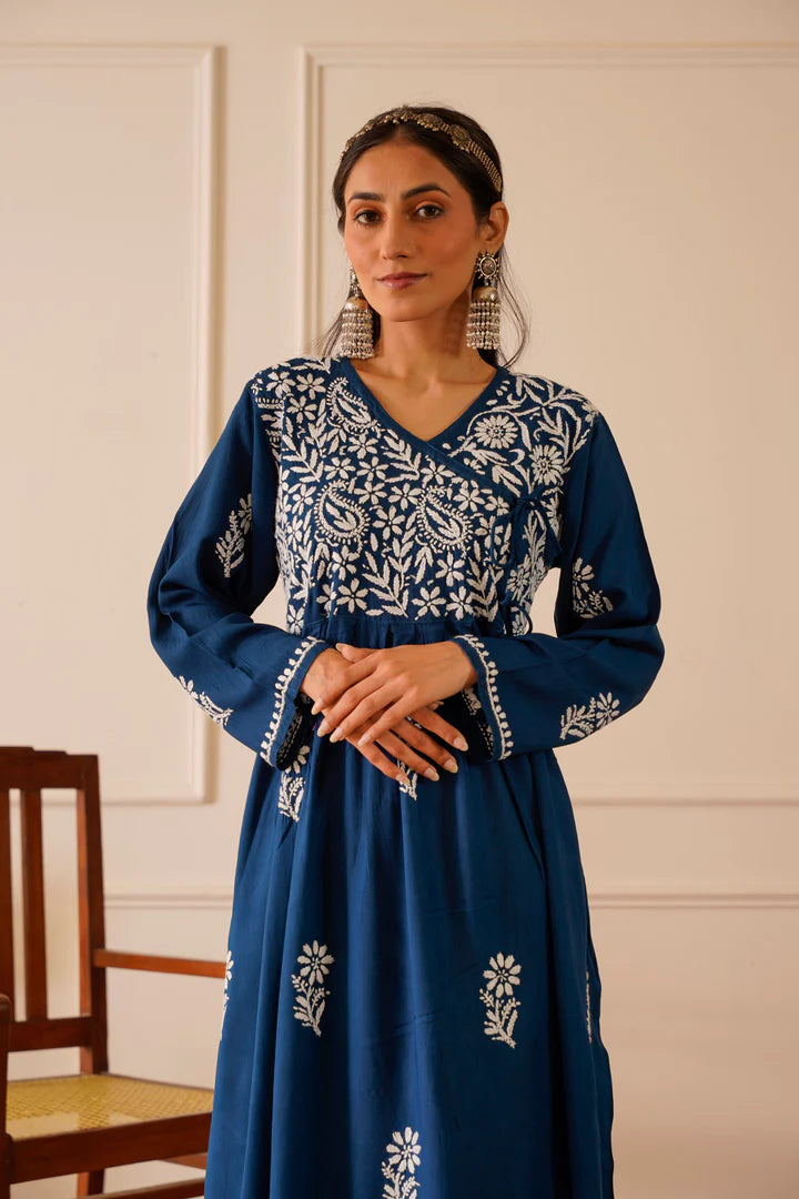 Graceful Navy Blue Rayon Angrakha