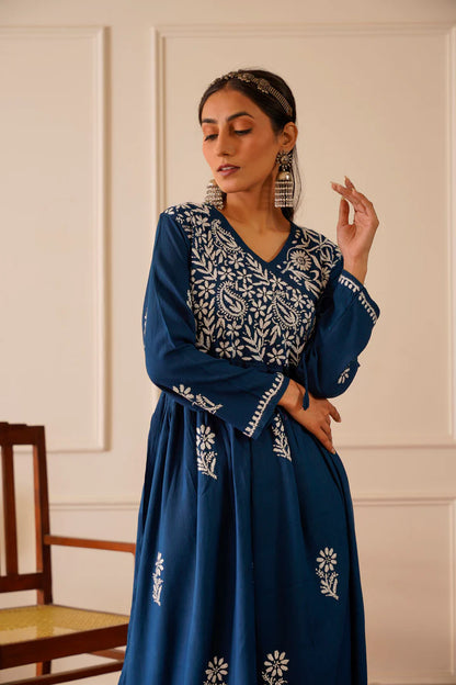 Graceful Navy Blue Rayon Angrakha