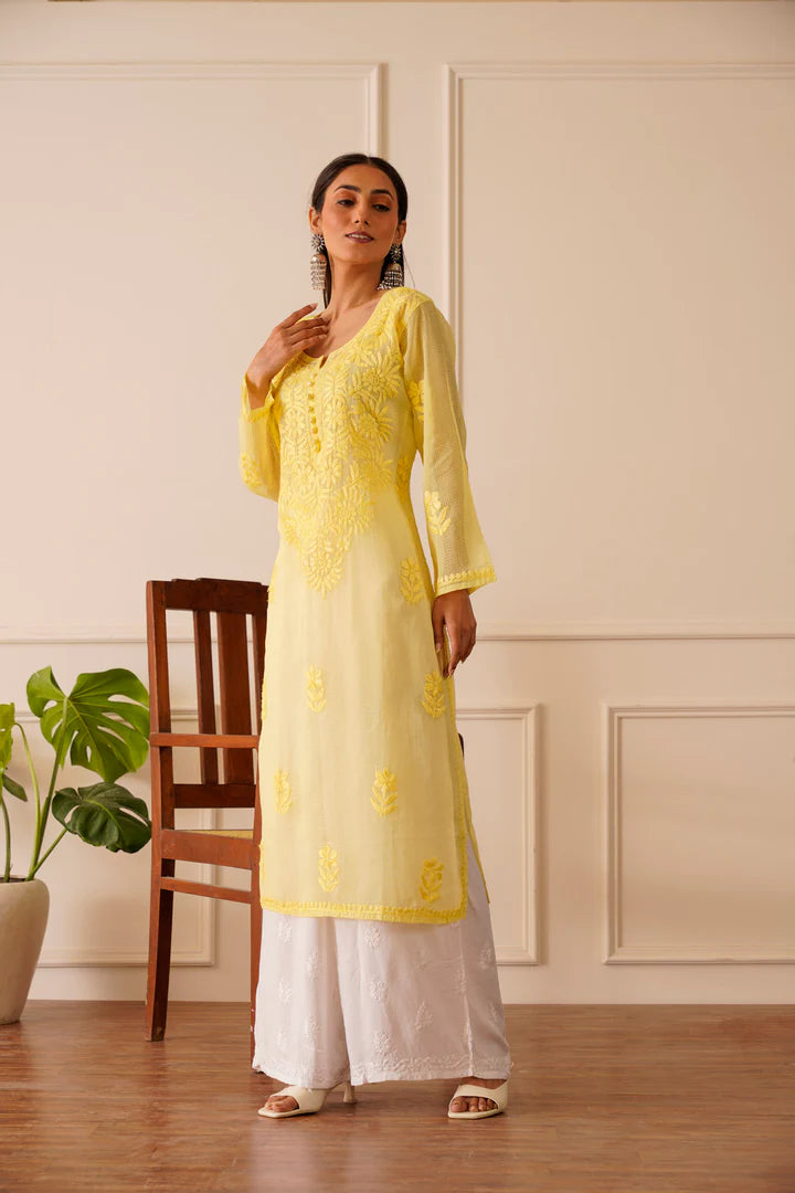 Summery Yellow Kota Doria Straight Kurta