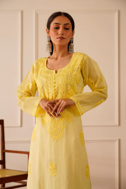 Summery Yellow Kota Doria Straight Kurta