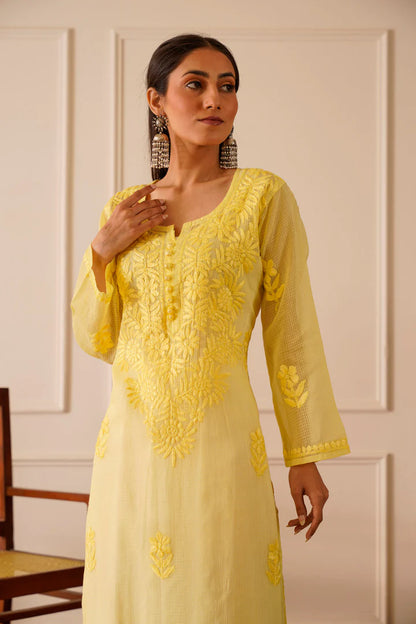 Summery Yellow Kota Doria Straight Kurta