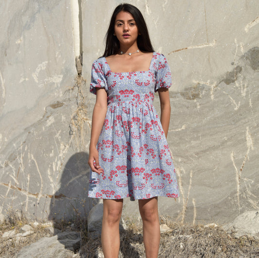 Mirai Dress - Fit and Flare Blue Floral Print Dress