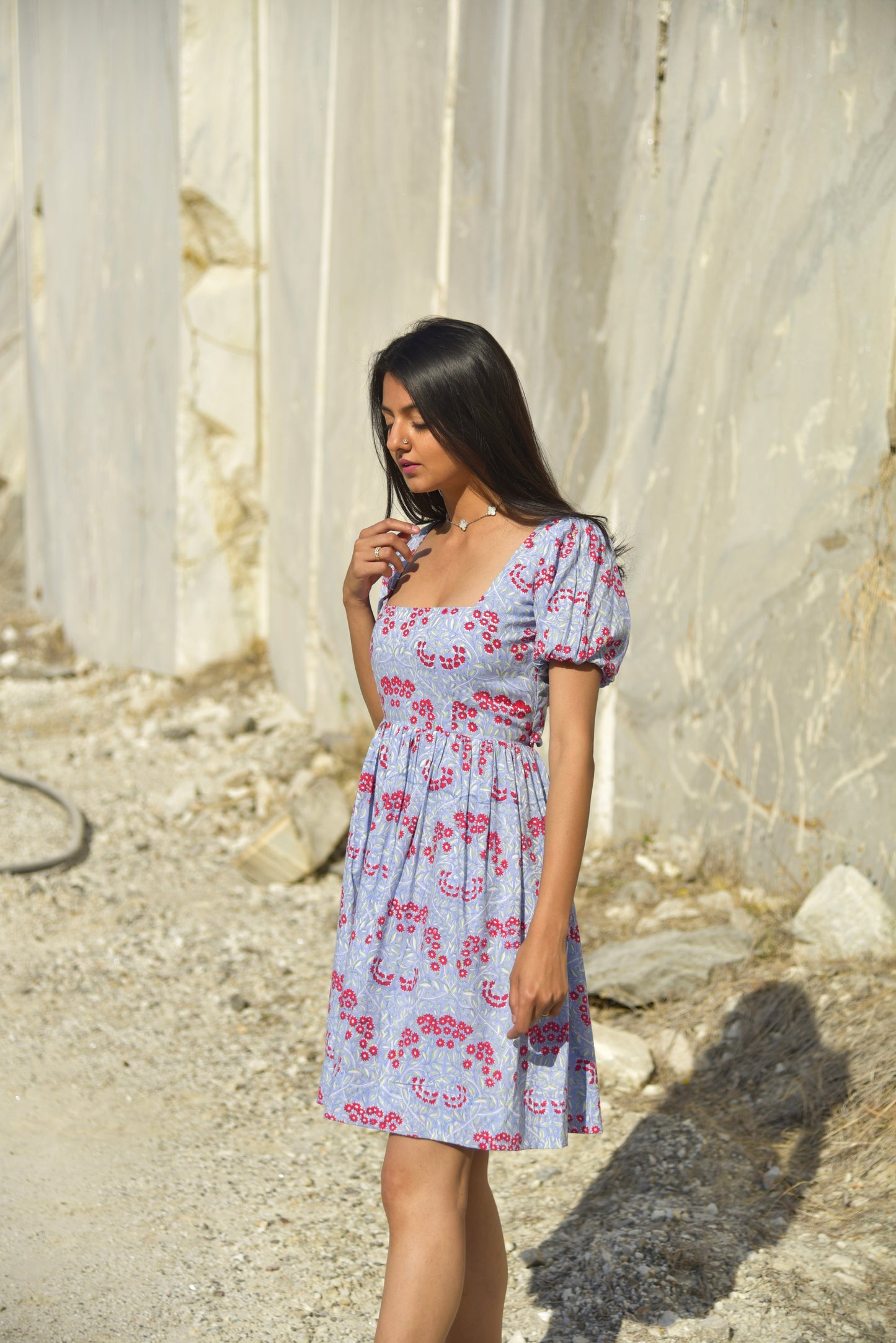 Mirai Dress - Fit and Flare Blue Floral Print Dress