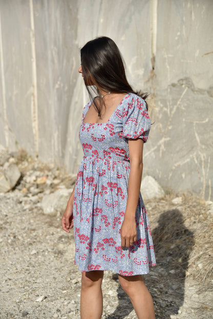 Mirai Dress - Fit and Flare Blue Floral Print Dress