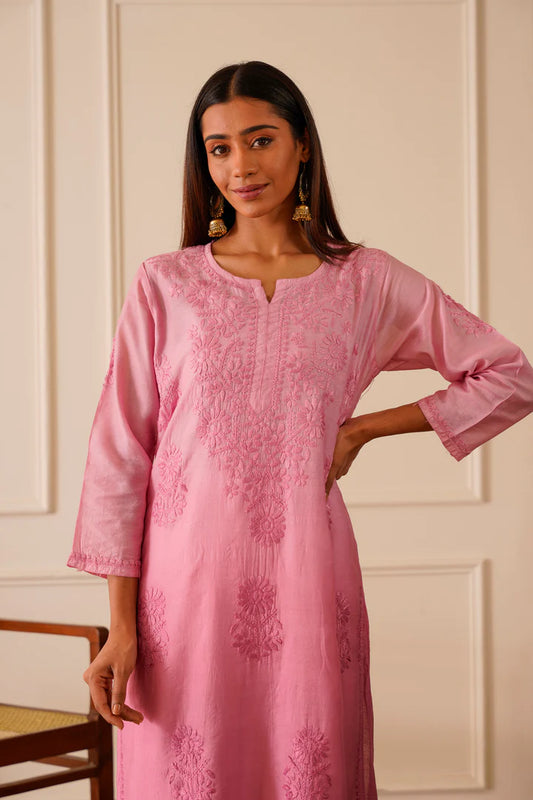 Pretty Pink Chanderi Ombre Straight Kurta