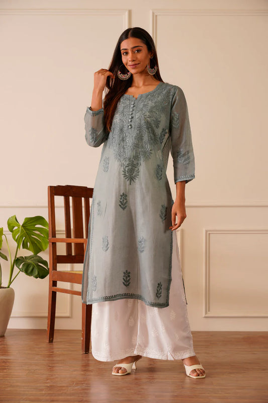 Graceful Grey Kota Doria Straight Kurta