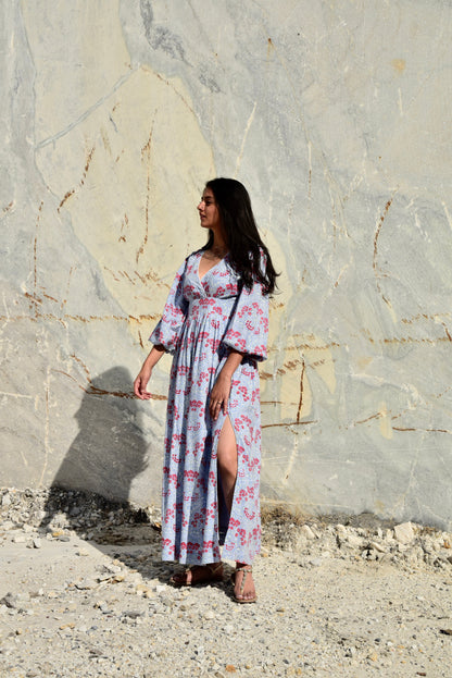 Kenosh Dress - Chic Fit and Flare Blue Floral Print Dress