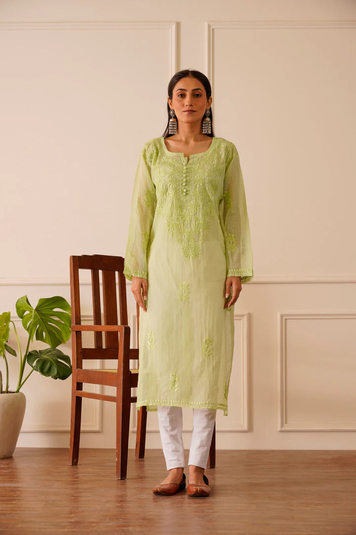 Delightful Light Green Kota Doria Straight Kurta