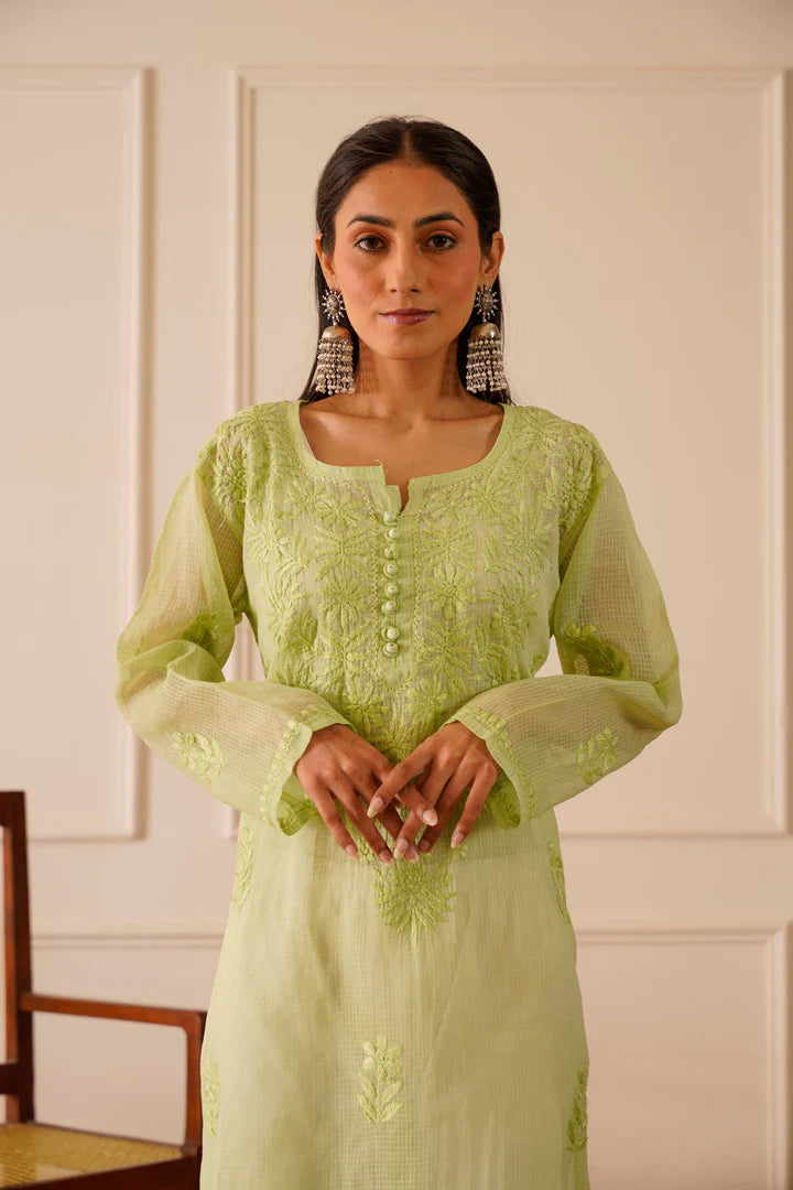 Delightful Light Green Kota Doria Straight Kurta