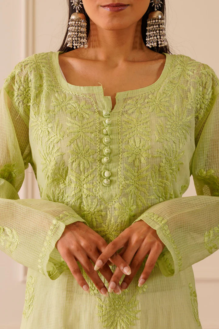 Delightful Light Green Kota Doria Straight Kurta