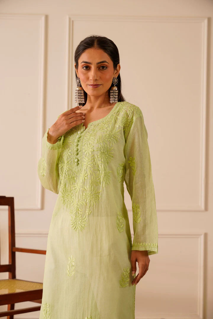 Delightful Light Green Kota Doria Straight Kurta