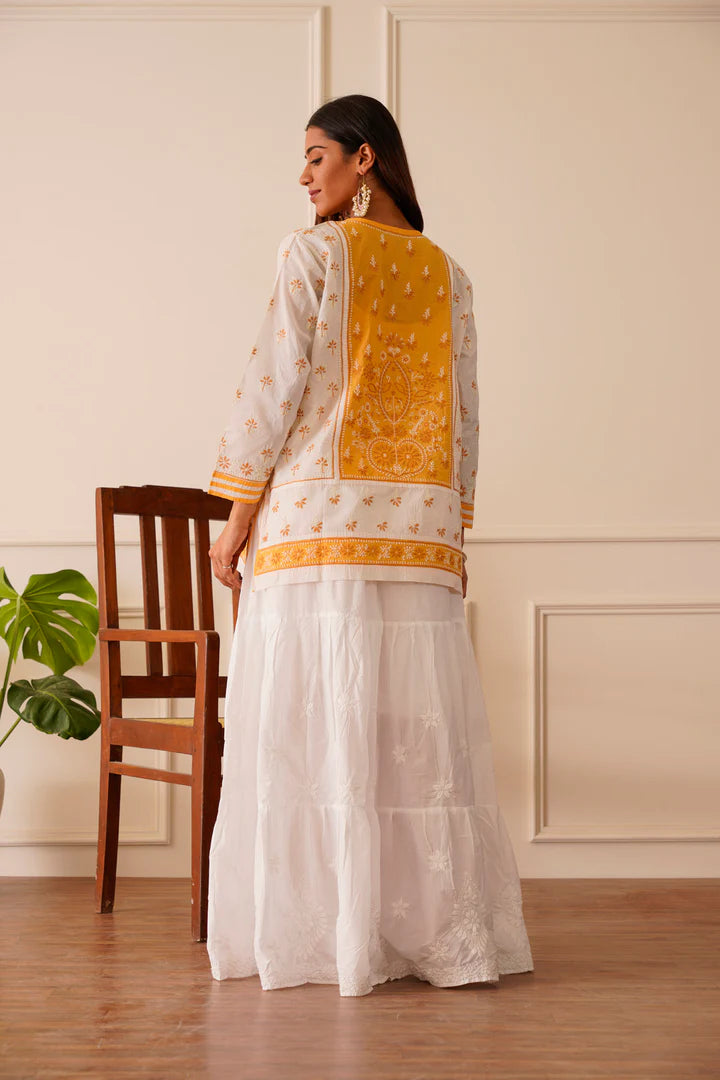 Dreamy Dark Yellow & White Cotton Short Kurta