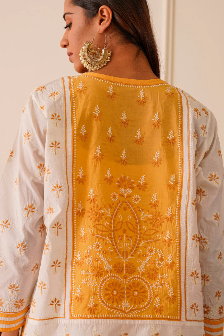 Dreamy Dark Yellow & White Cotton Short Kurta