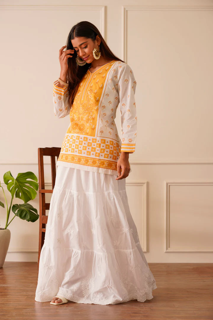 Dreamy Dark Yellow & White Cotton Short Kurta