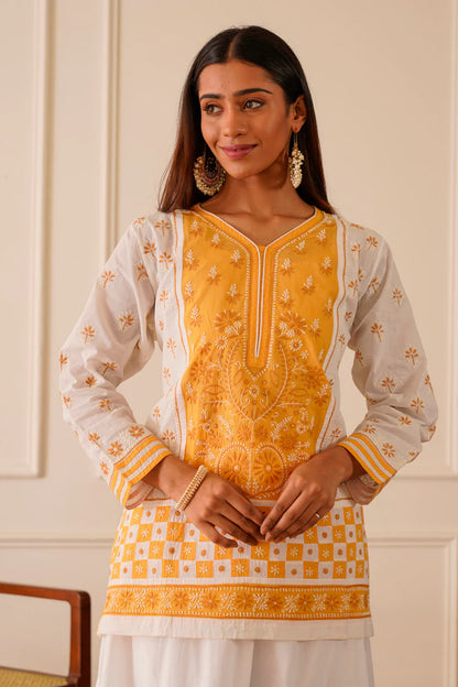Dreamy Dark Yellow & White Cotton Short Kurta