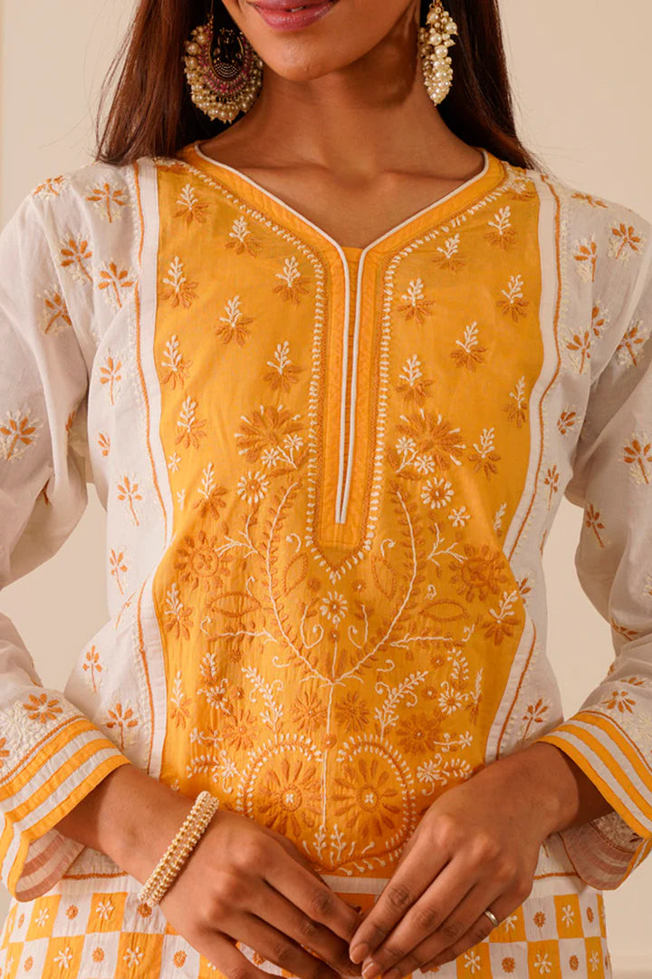 Dreamy Dark Yellow & White Cotton Short Kurta