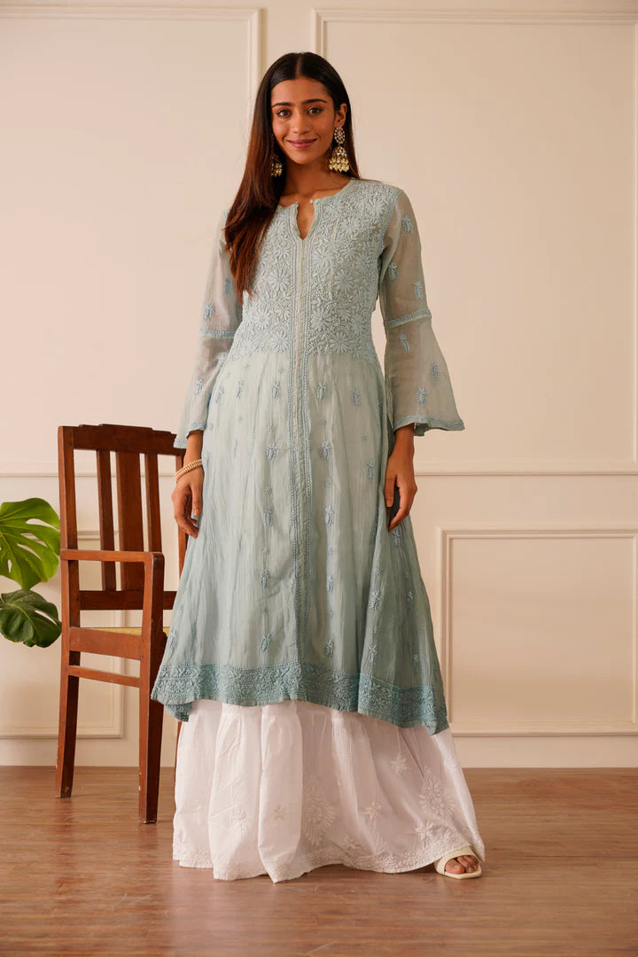 Fabulous Frost Blue Mulmul Aline Kurti