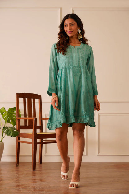 Turquoise Muslin Short Kurti Dress