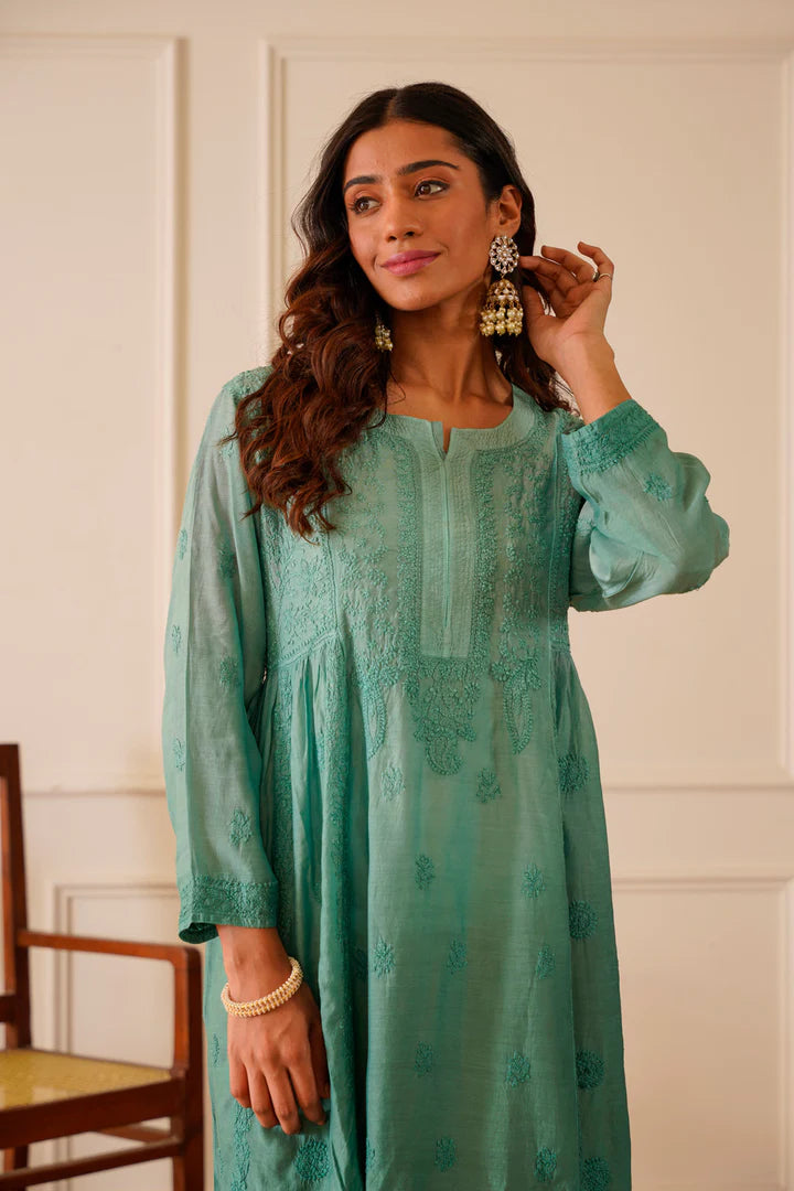 Turquoise Muslin Short Kurti Dress