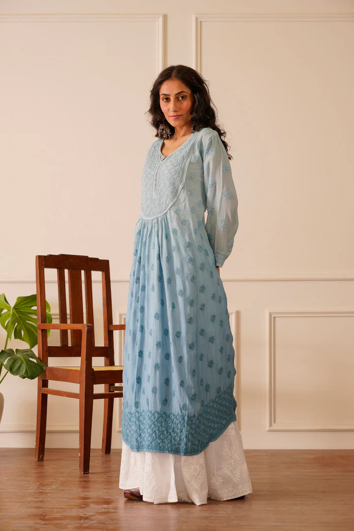 Elegant Light Glacier Lake Muslin Aline Kurti