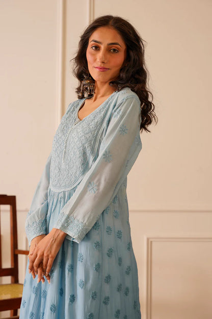 Elegant Light Glacier Lake Muslin Aline Kurti