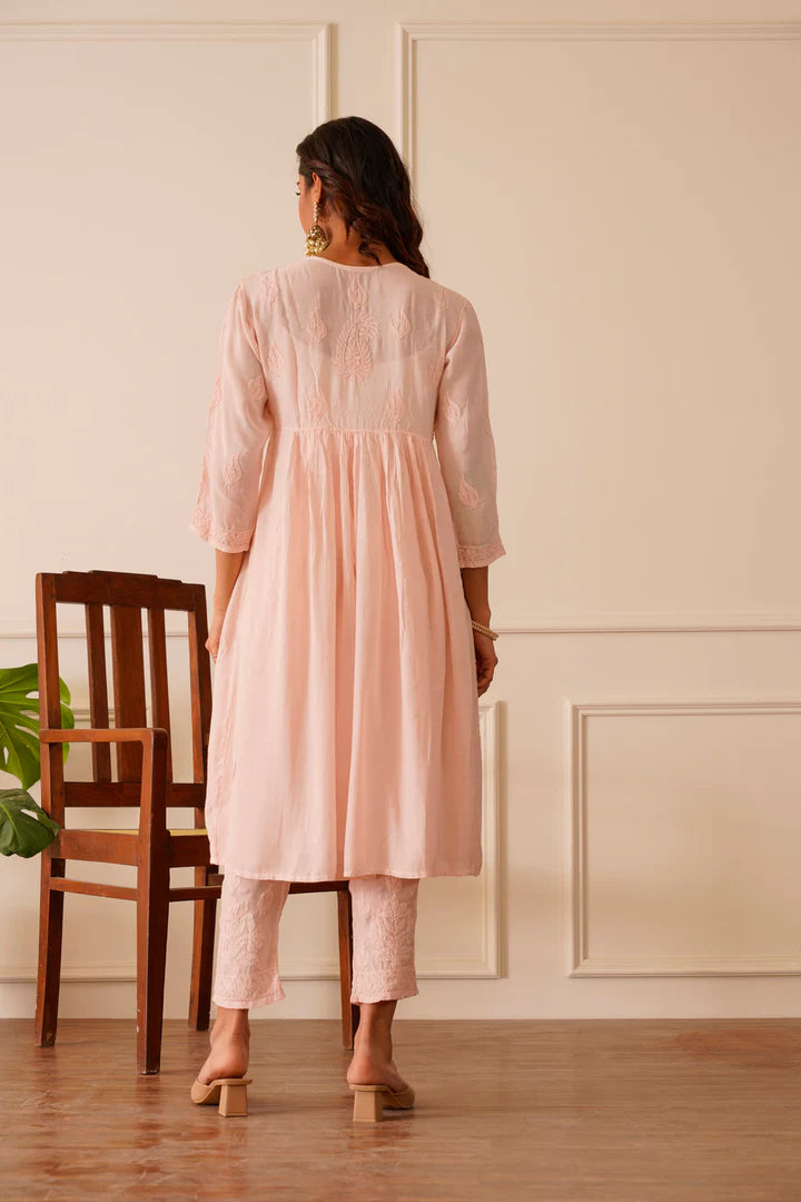 Picturesque Peach Muslin Frock Style Kurti Pant Set