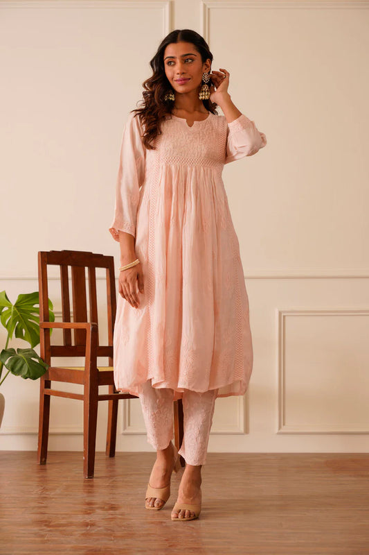 Picturesque Peach Muslin Frock Style Kurti Pant Set