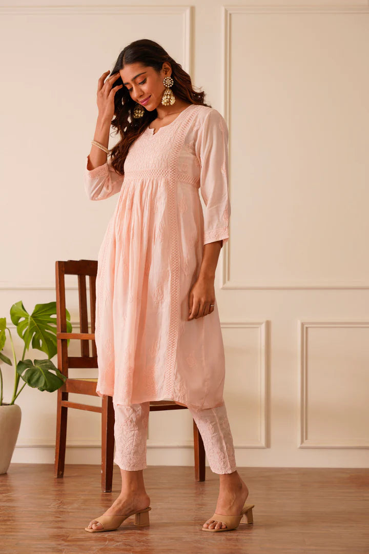 Picturesque Peach Muslin Frock Style Kurti Pant Set