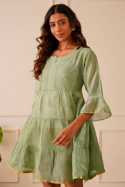 Splendid Light Green Chanderi Short Kurti Dress