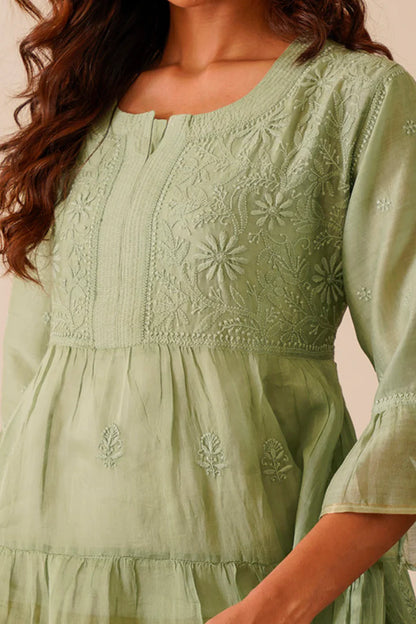 Splendid Light Green Chanderi Short Kurti Dress