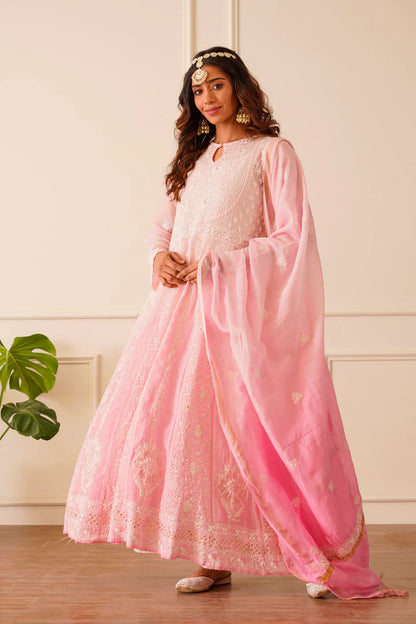 Glamorous Light Pink Mulmul Anarkali Dupatta Set