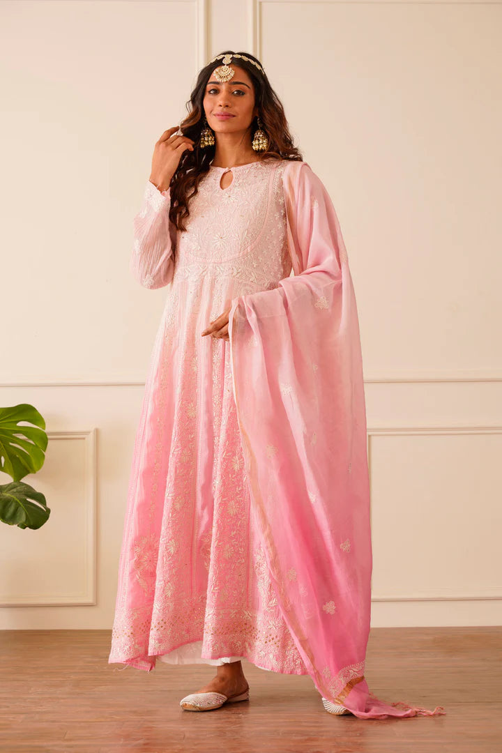 Glamorous Light Pink Mulmul Anarkali Dupatta Set