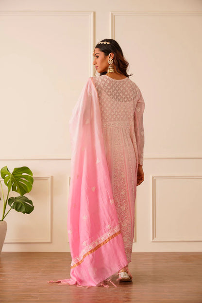 Glamorous Light Pink Mulmul Anarkali Dupatta Set