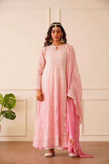 Glamorous Light Pink Mulmul Anarkali Dupatta Set