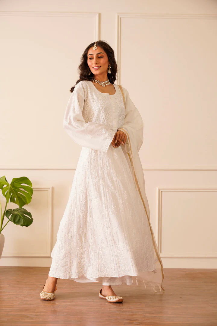 Winsome White Chanderi Silk Anarkali Dupatta Set