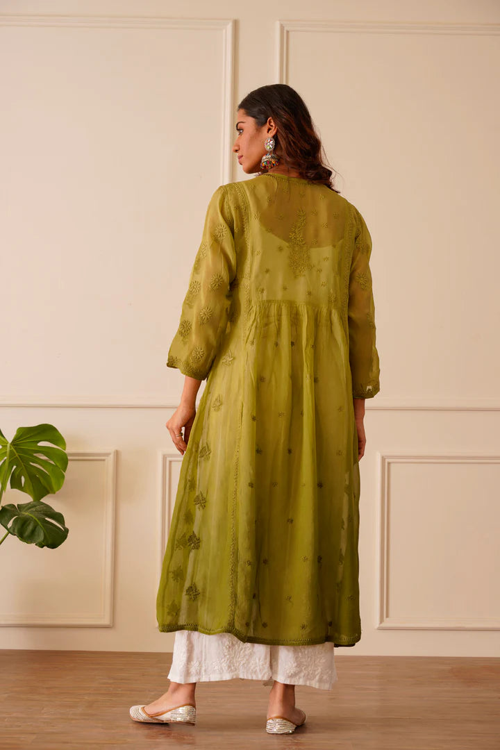 Enamoring Light Olive Organza Aline Kurti