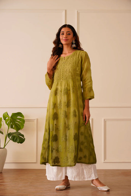 Enamoring Light Olive Organza Aline Kurti