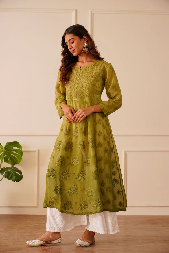 Enamoring Light Olive Organza Aline Kurti