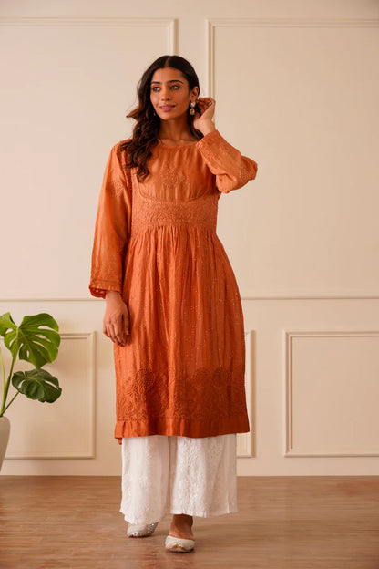 Marvelous Metallic Orange Ombre Chanderi Aline Kurti