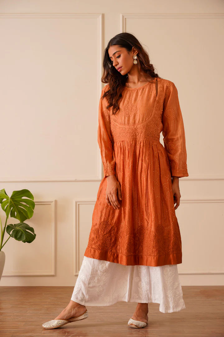 Marvelous Metallic Orange Ombre Chanderi Aline Kurti