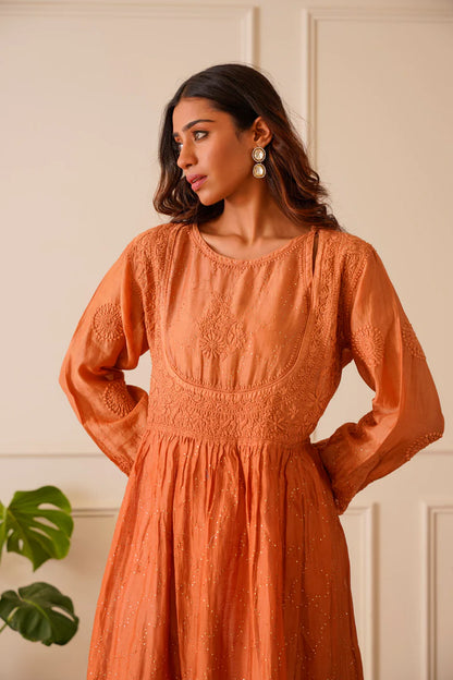 Marvelous Metallic Orange Ombre Chanderi Aline Kurti