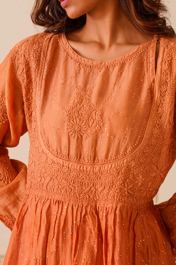 Marvelous Metallic Orange Ombre Chanderi Aline Kurti