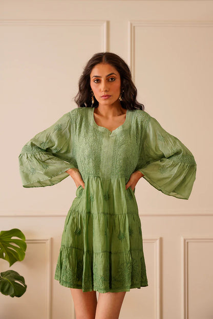 Exquisite Light Green Muslin Short Kurti Dress