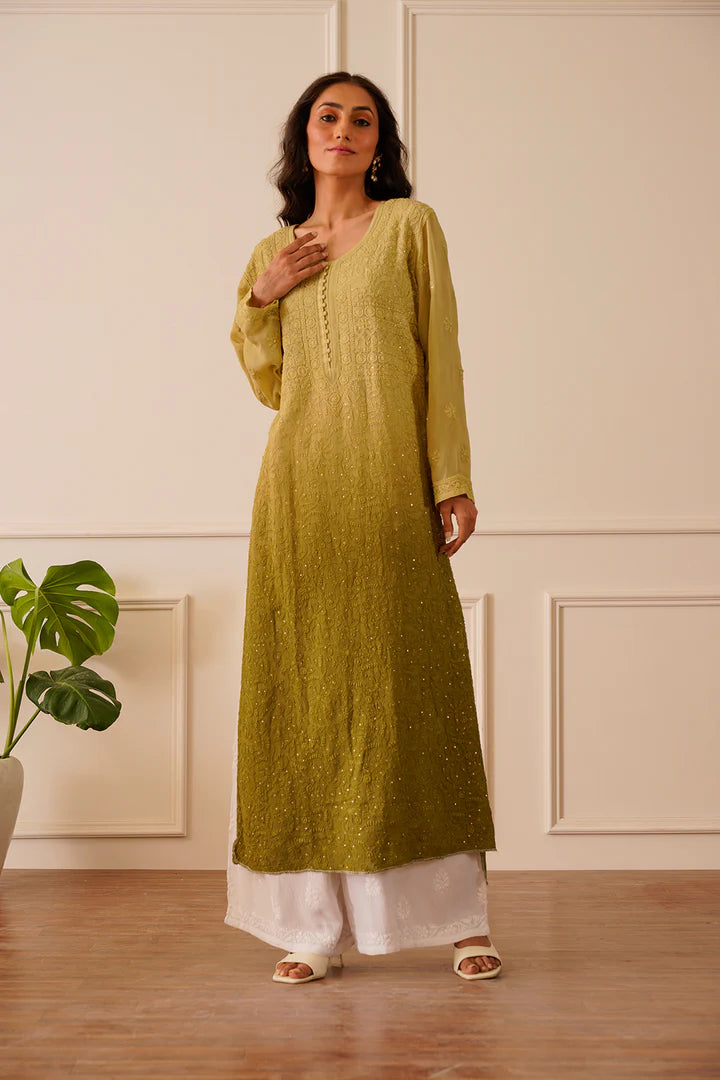 Adorable Light Olive Ombre Viscose Straight Kurta