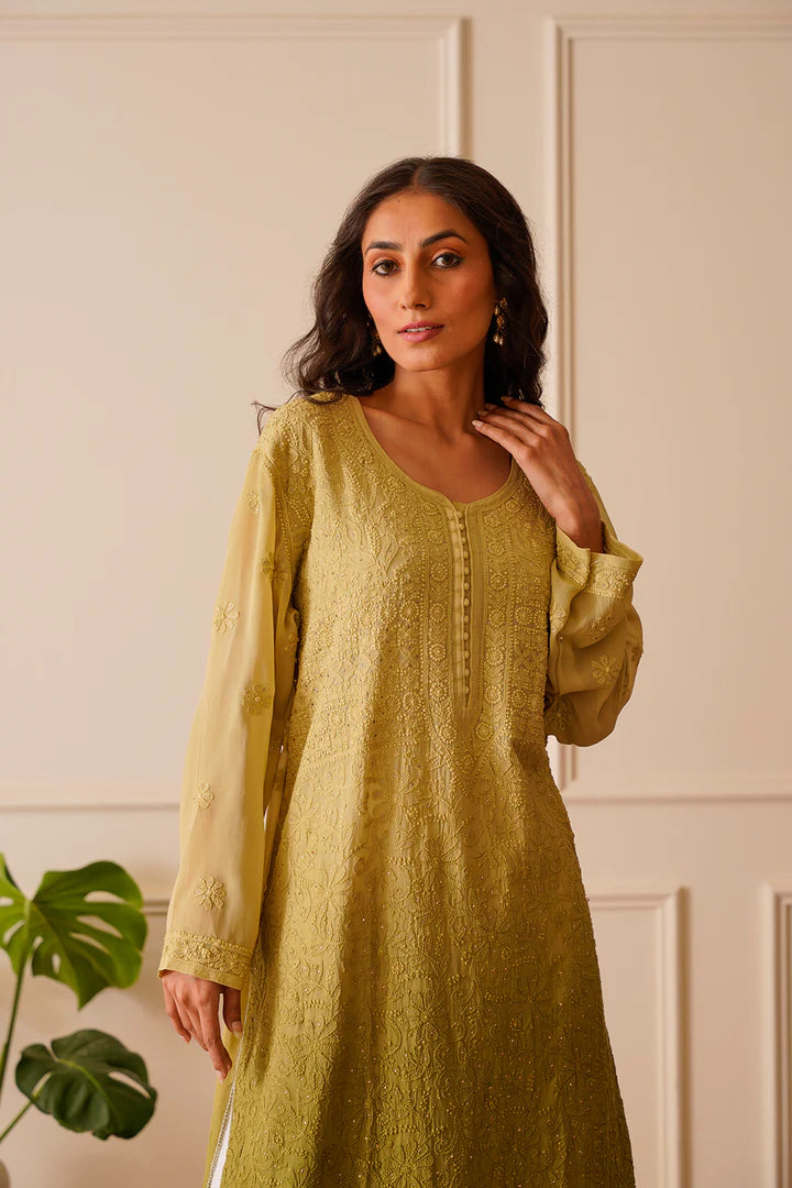 Adorable Light Olive Ombre Viscose Straight Kurta