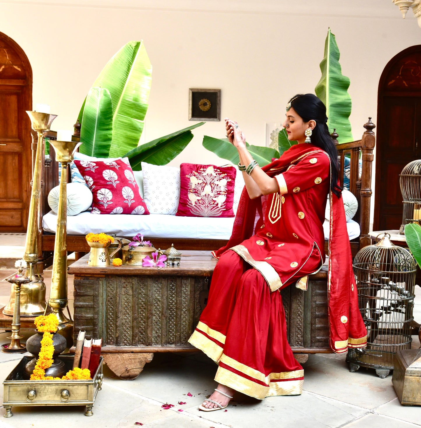 Surkh Set - Red 3-Piece Garara with Gota and Laffa Detailing