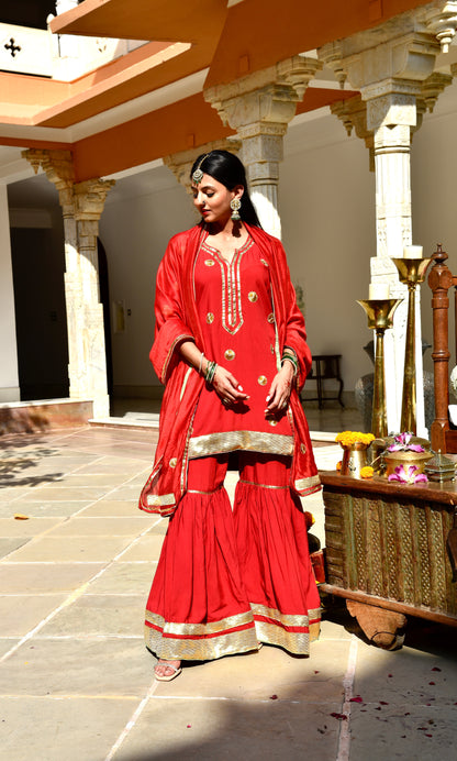 Surkh Set - Red 3-Piece Garara with Gota and Laffa Detailing