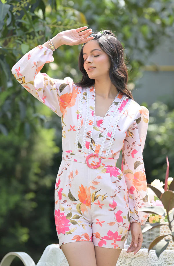 White Floral Linen Romper