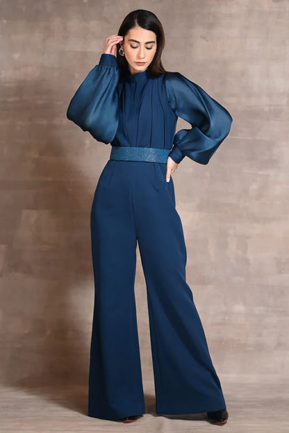 Blue Organza & Crepe Jumpsuit